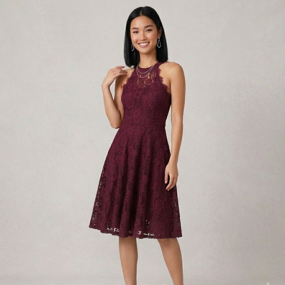 Lulus Burgundy Lace Halter‎ Dress Medium Maroon Floral Cocktail A-Line Wedding